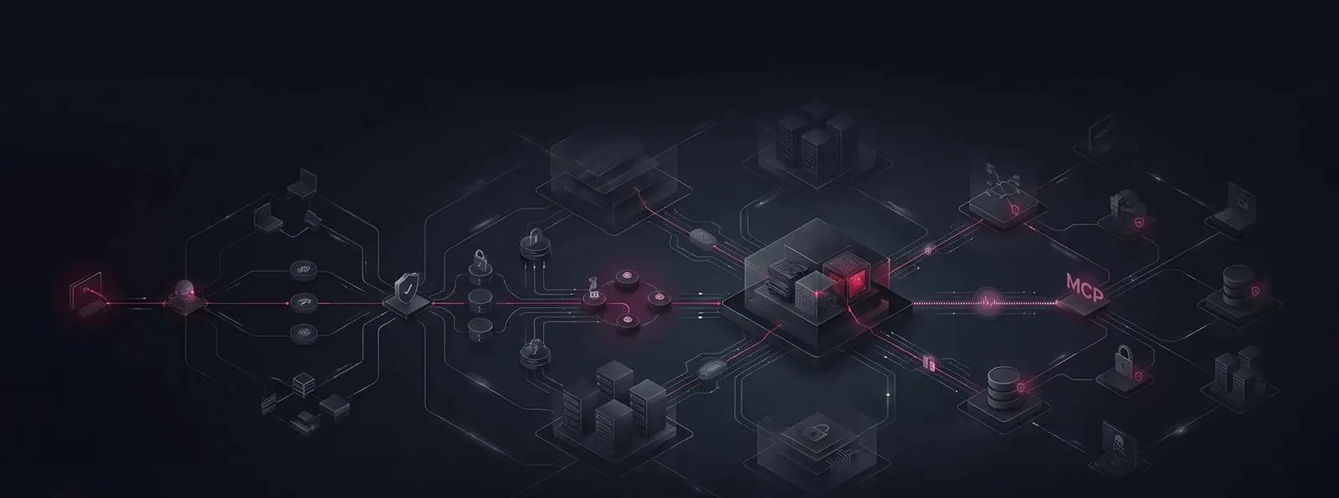 Isometric diagram of an agent estate: a compromised endpoint on the left, the MCP channel on the right, and every database and tool the agent can reach