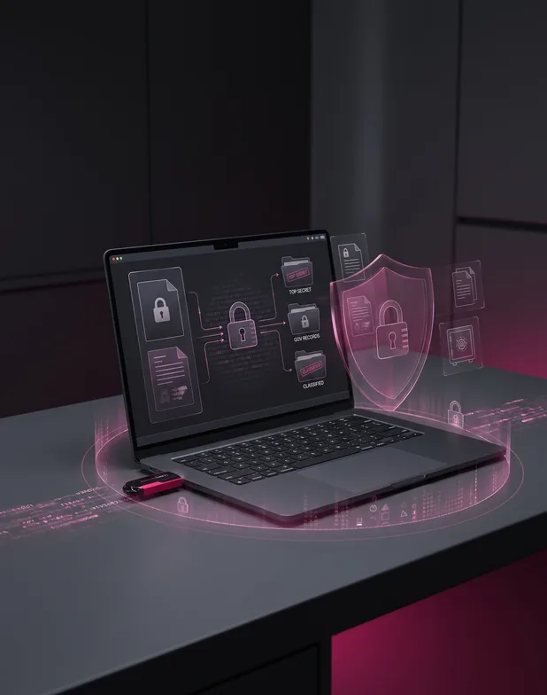 Government office laptop with an X-PHY Cipher Vault drive, showing classified and restricted folders protected on screen