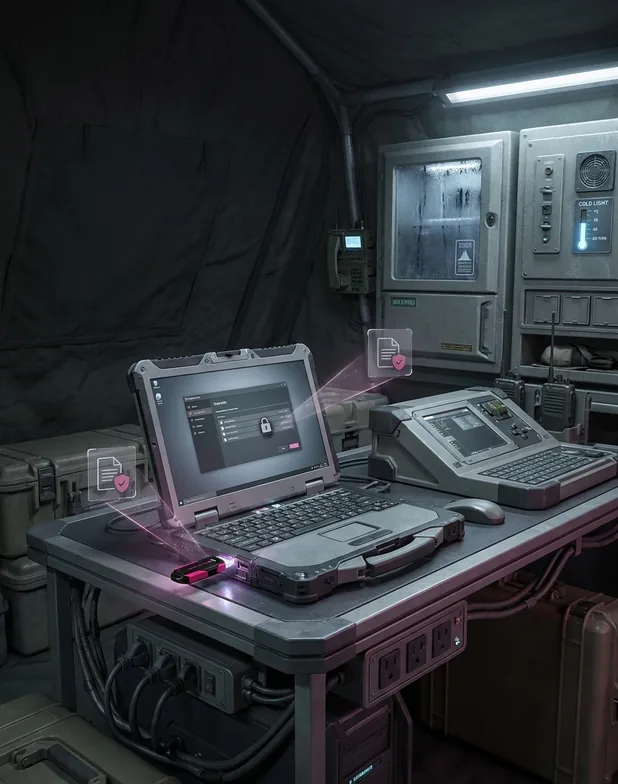 Rugged field laptop in a forward operating shelter with an X-PHY Cipher Vault drive attached