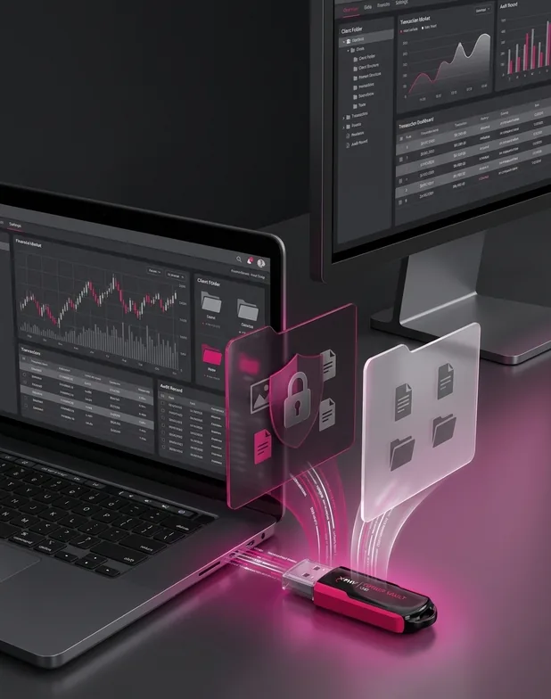 Trading workstation with an X-PHY Cipher Vault drive securing client folders and audit records