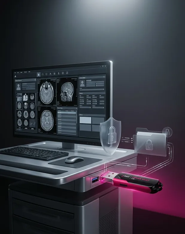 Medical imaging workstation with an X-PHY Cipher Vault drive protecting patient records