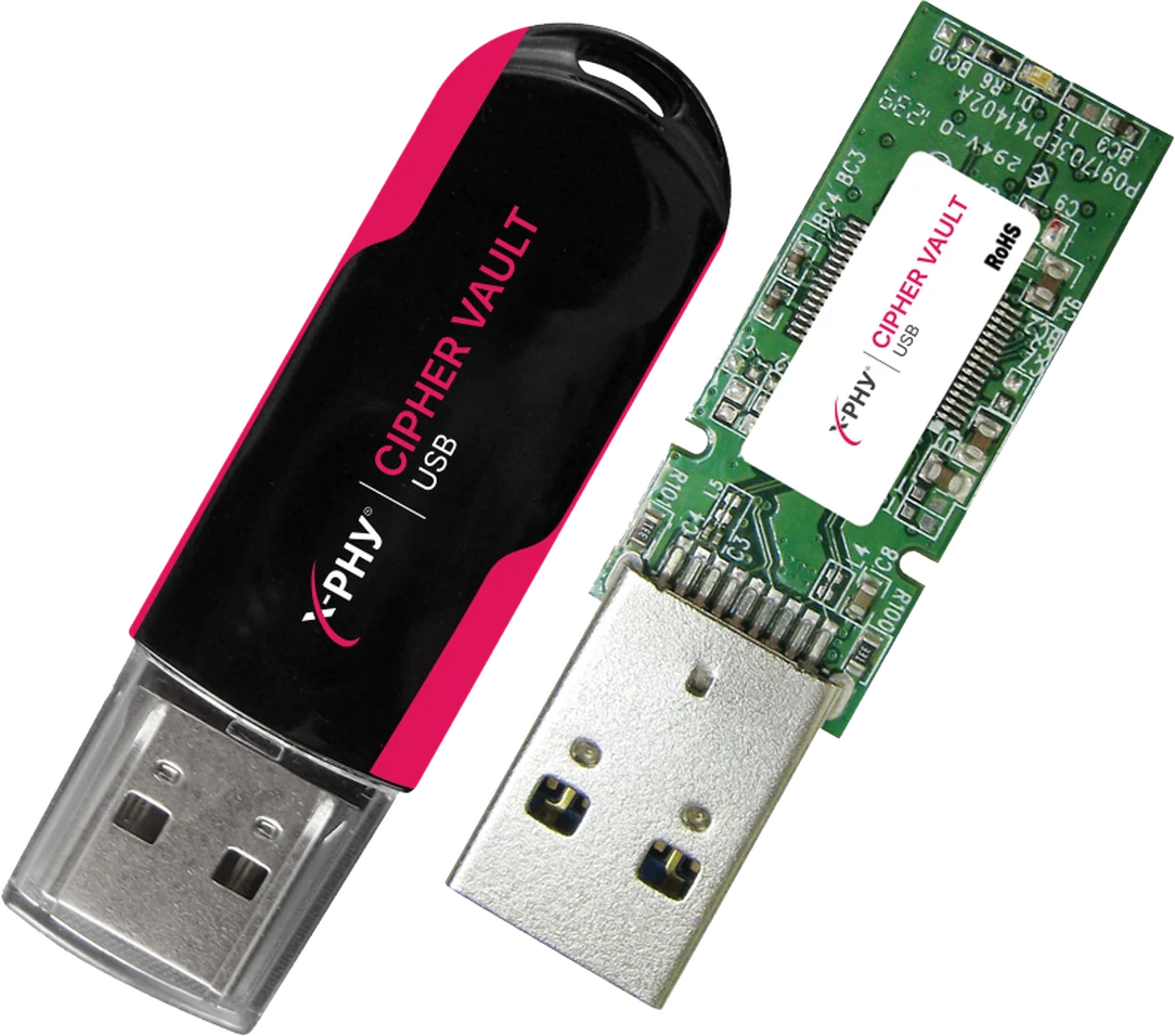 X-PHY Cipher Vault Secure USB drive alongside its internal controller board