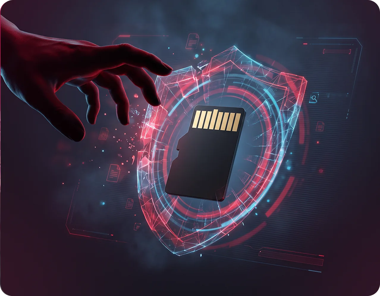 Hand reaching toward a microSD card behind a digital security shield