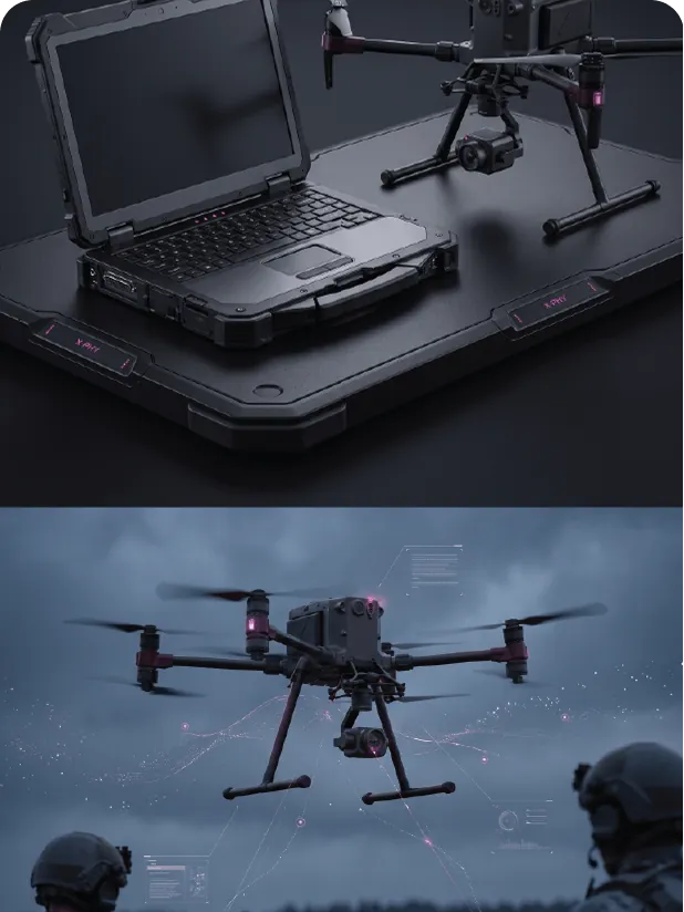 Rugged laptop and drone for defense operations