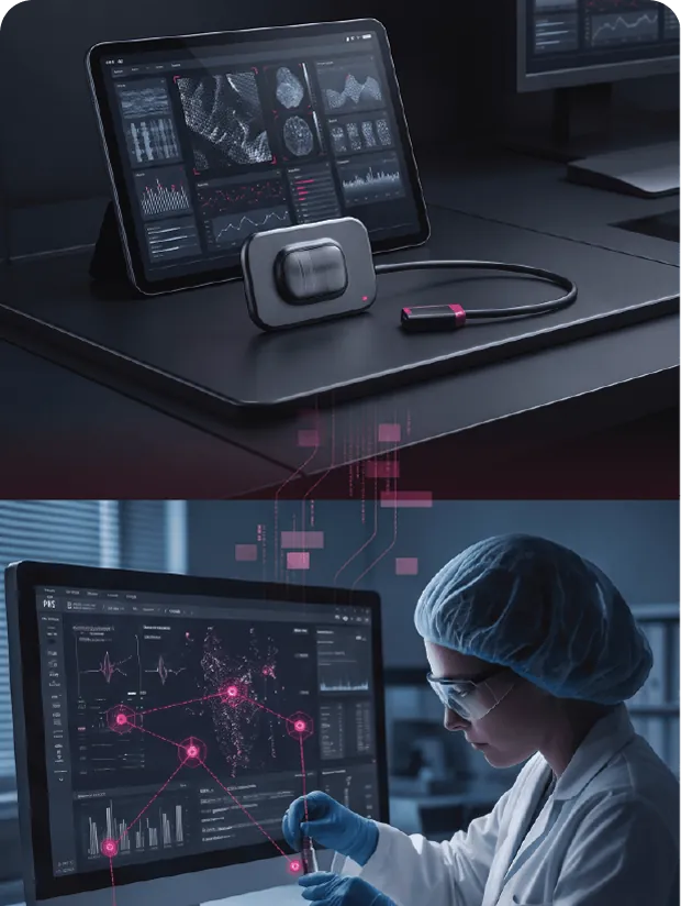 Tablet and lab researcher working with data