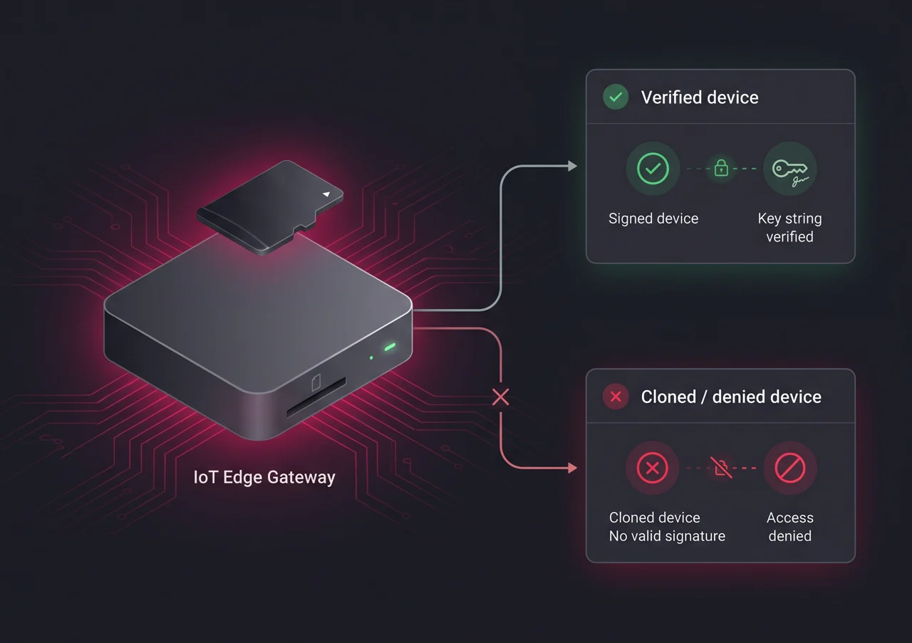 IoT edge gateway verifying a signed device with a valid Key string and denying access to a cloned device