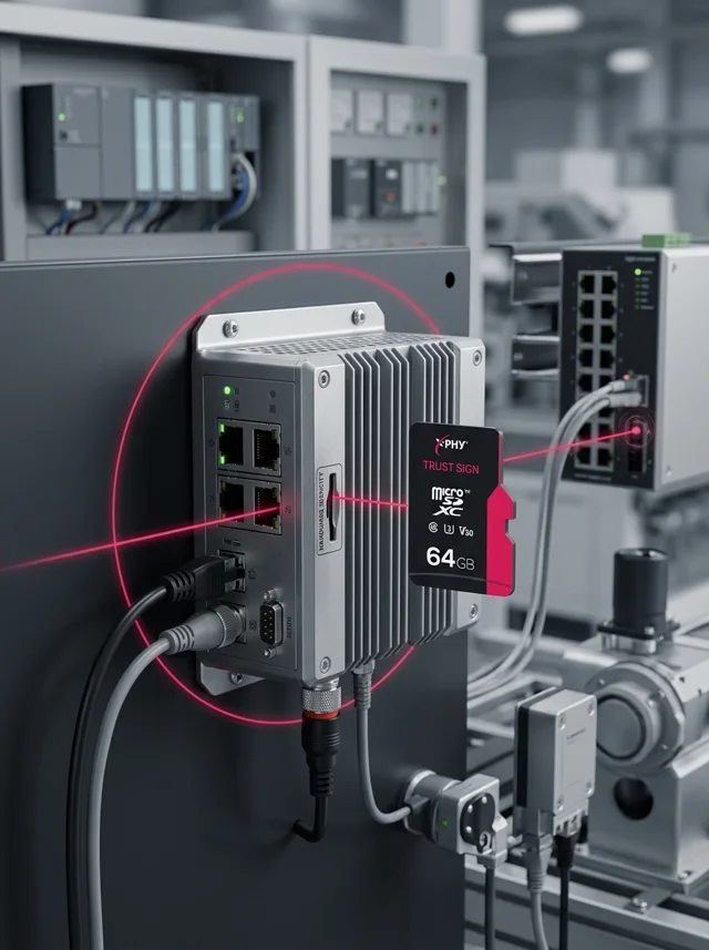 Industrial edge gateway with an X-PHY TrustSign microSD card, verifying its hardware identity on the factory network