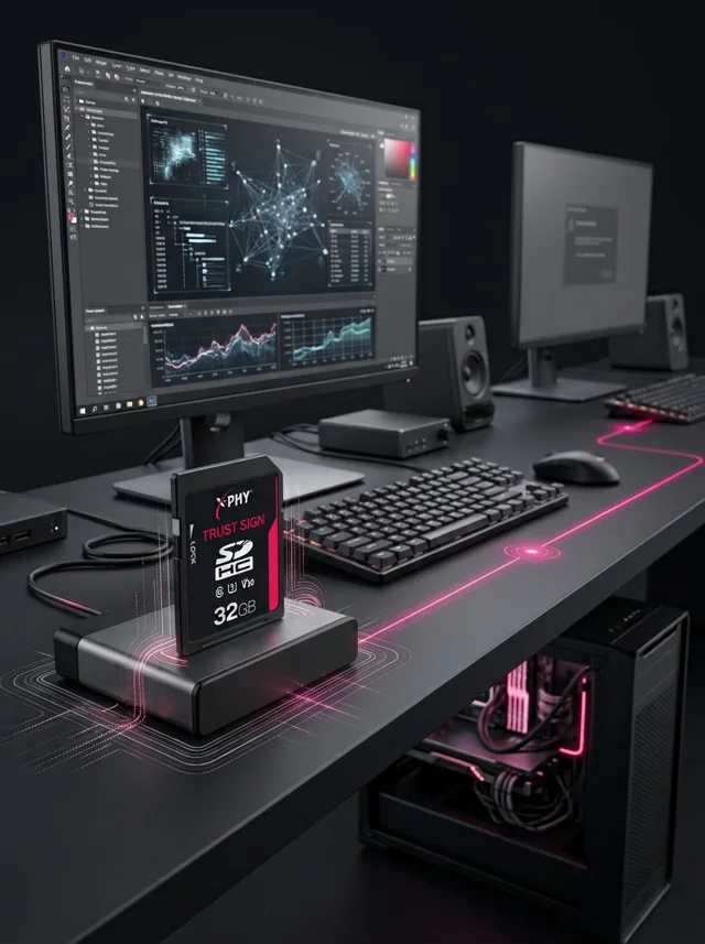 X-PHY TrustSign SD card in a reader on a workstation desk, acting as a hardware software-license key