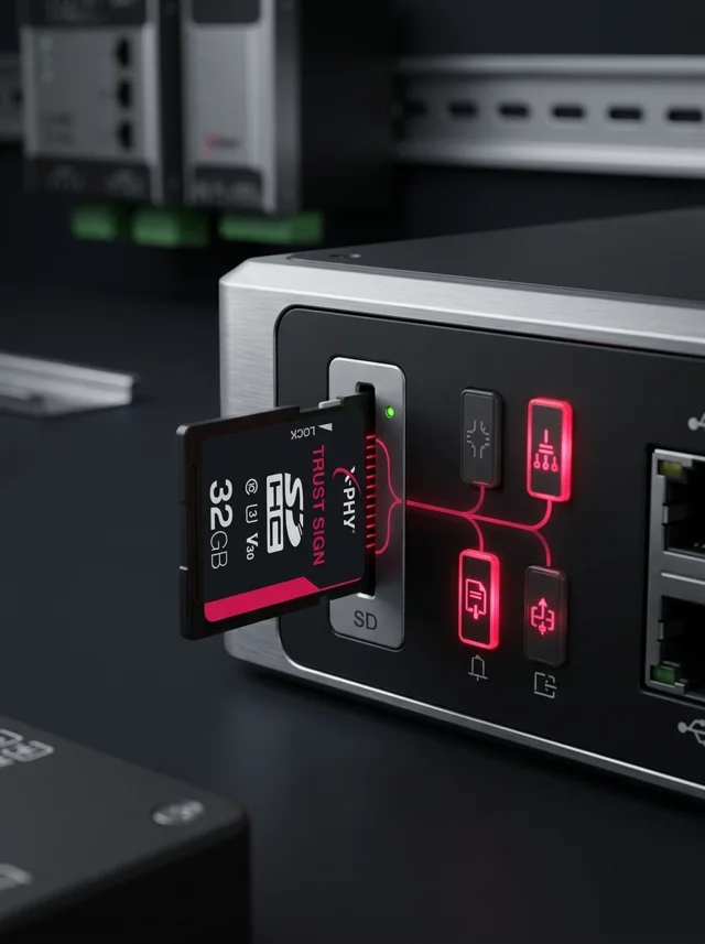 X-PHY TrustSign SD card inserted in an industrial controller, unlocking authorized functions