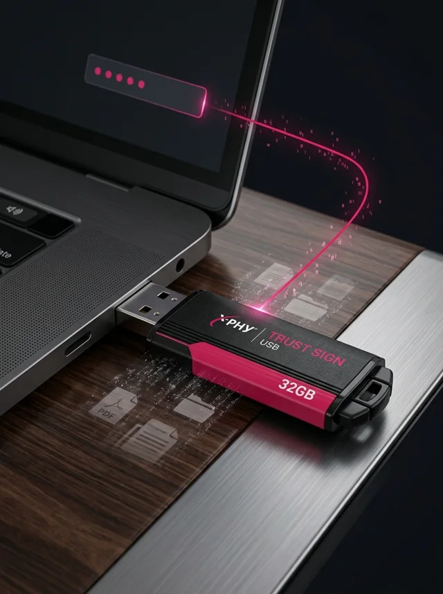 X-PHY TrustSign USB drive plugged into a laptop, unlocked with a password prompt